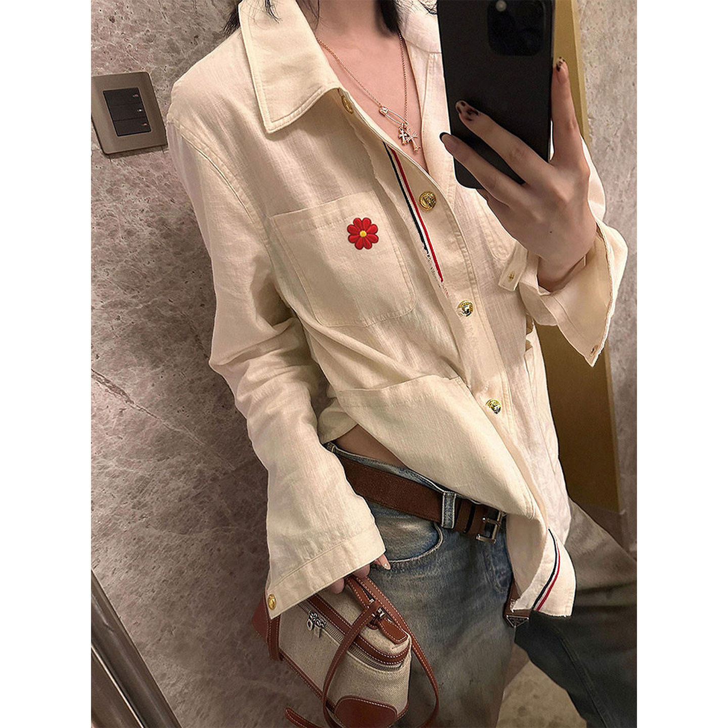复古做旧衬衫女长袖休闲百搭慵懒风刺绣上衣女装韩版潮流宽松百搭
