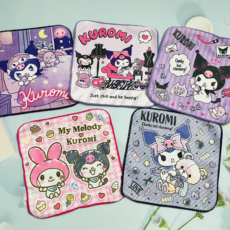 5 Cute Cartoon Kuromi Girls' Children's Small Square Towels, Microfiber with Added Cotton, Absorbent Hand Towels, Small Towels