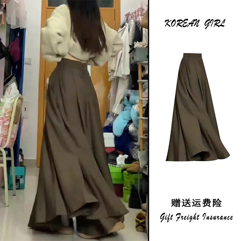 Melard Brown A-Line Skirt for Women, Autumn 2025 New High-Waisted Umbrella Skirt, Mid-Length Slimming Pleated Long Skirt