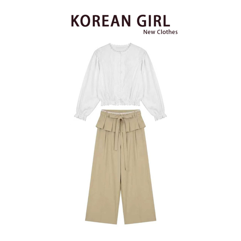 Korean Style Commuting High-End Suit for Women, Summer White Lace Three-Quarter Sleeve Shirt, Ruffled Wide-Leg Pants Two-Piece Set