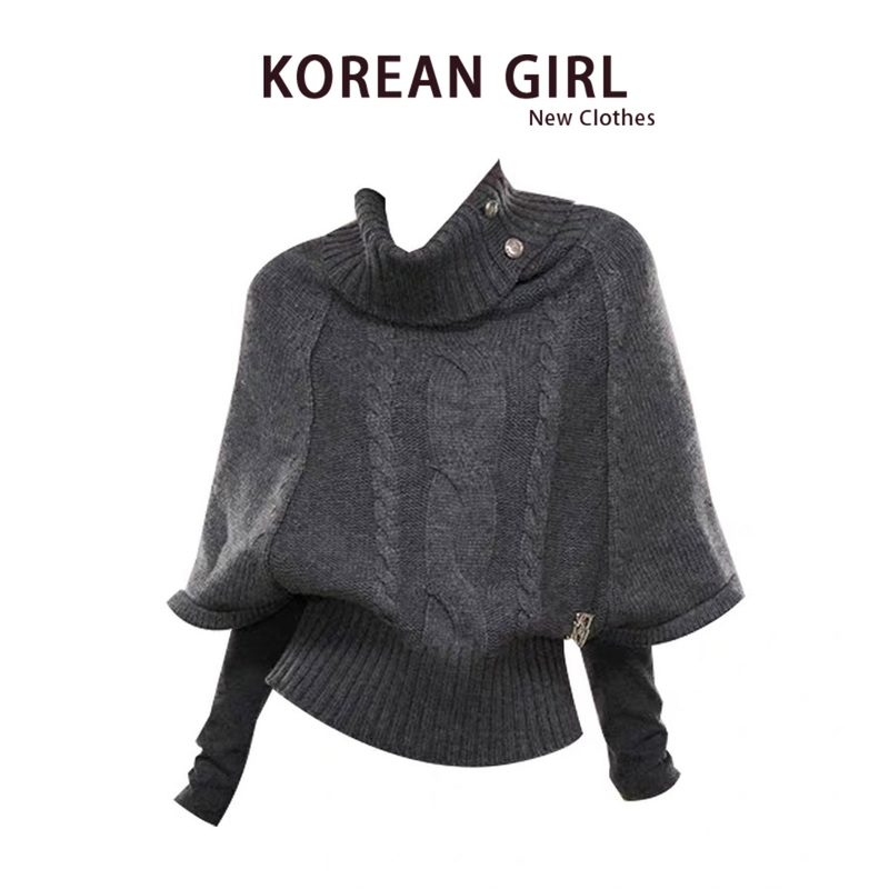 Korean Retro Gray Twist-Knit Cape for Women, Autumn and Winter Design, Loose Fit, Slimming, Versatile Sweater Coat Top