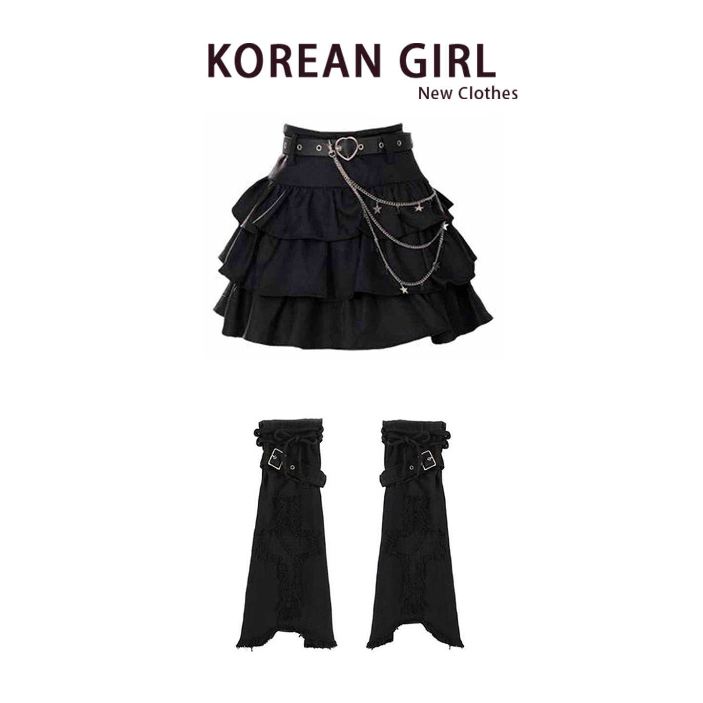 y2k Hot Girl black cake dress for women Spring and autumn, Abi high-waisted heart-shaped belt, denim leg set, puffy short skirt