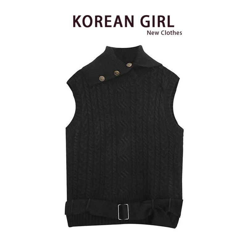 Black Lapel Thick-Knit Cable Sweater Vest for Women, Autumn and Winter Korean Style Sleeveless Knit Top, Outerwear Vest Sweater