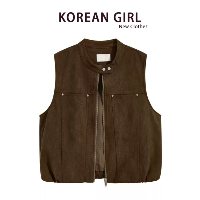 Meilade Retro Brown Suede Vest for Women 2026 Autumn and Winter Layered Vest Jacket Top
