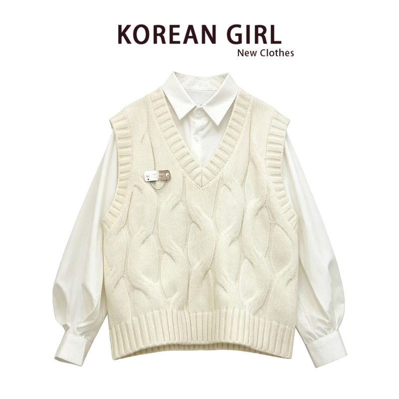 Korean Style Casual Outfit for Autumn and Winter, College Style Knitted Vest Sweater, Layered with White Long-Sleeved Shirt Two-Piece Set