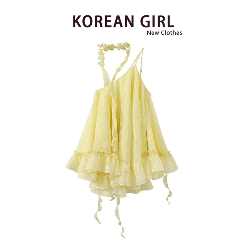 Beach Vacation Outfit: Women's Summer Dopamine Yellow Dress, Off-Shoulder Strapless Puffy Skirt, Short Skirt