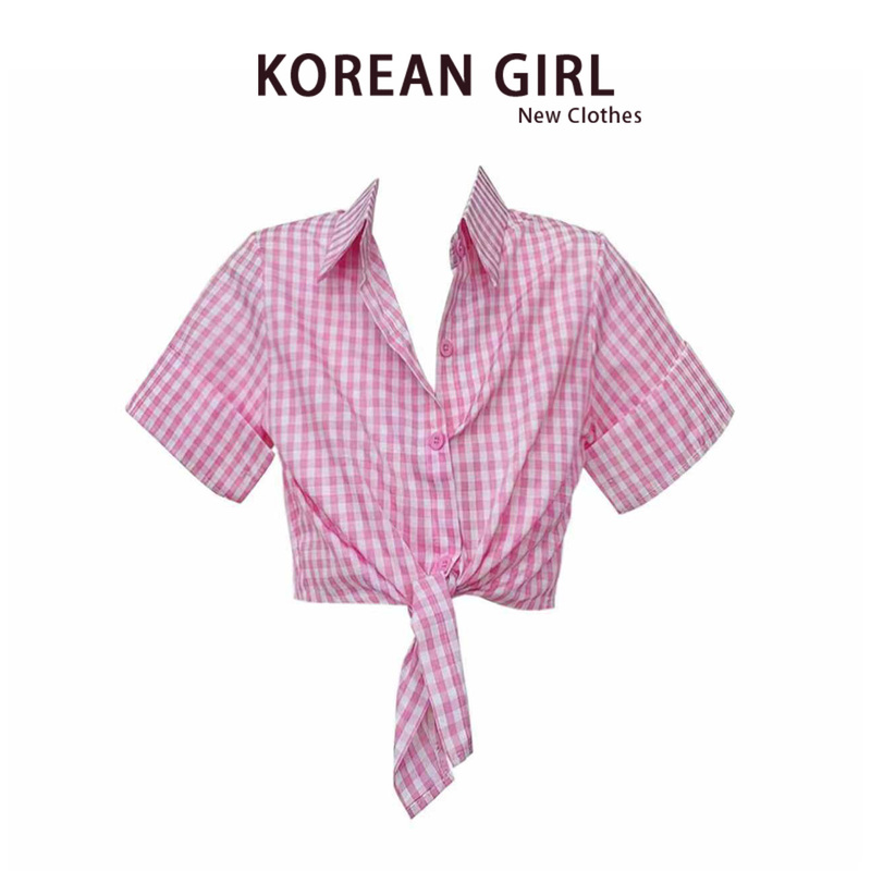 Hot Girl Pink Plaid Short-Sleeved Shirt for Women in Summer, Pure Lust Style, Sexy Navel-Baring Short Style, Slim Fit, Unique and Beautiful Top