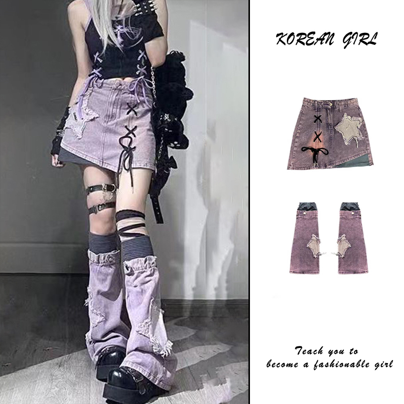 Y2K Millennial Hot Girl Purple Star Denim Skirt Women's Summer Light Y2K Style Outfit with Tie-Up Leg Warmers Short Skirt