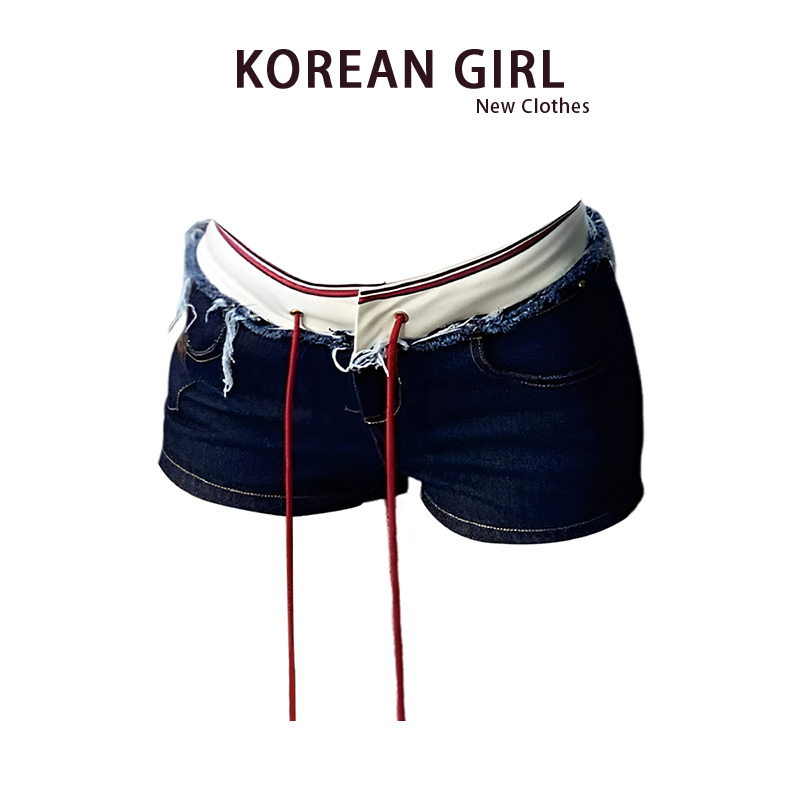 Y2K Hot Girl Color-Blocked Waistband Denim Shorts for Women, Summer American Design, Low-Waisted, Hip-Hugging, Ultra-Short Hot Pants, Trendy