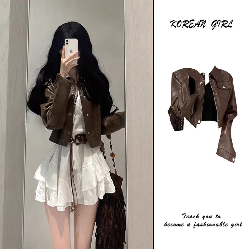 Retro High-End Coffee-Colored Short Leather Jacket for Women, New Spring and Autumn Style, Melard Style Short Motorcycle Leather Jacket