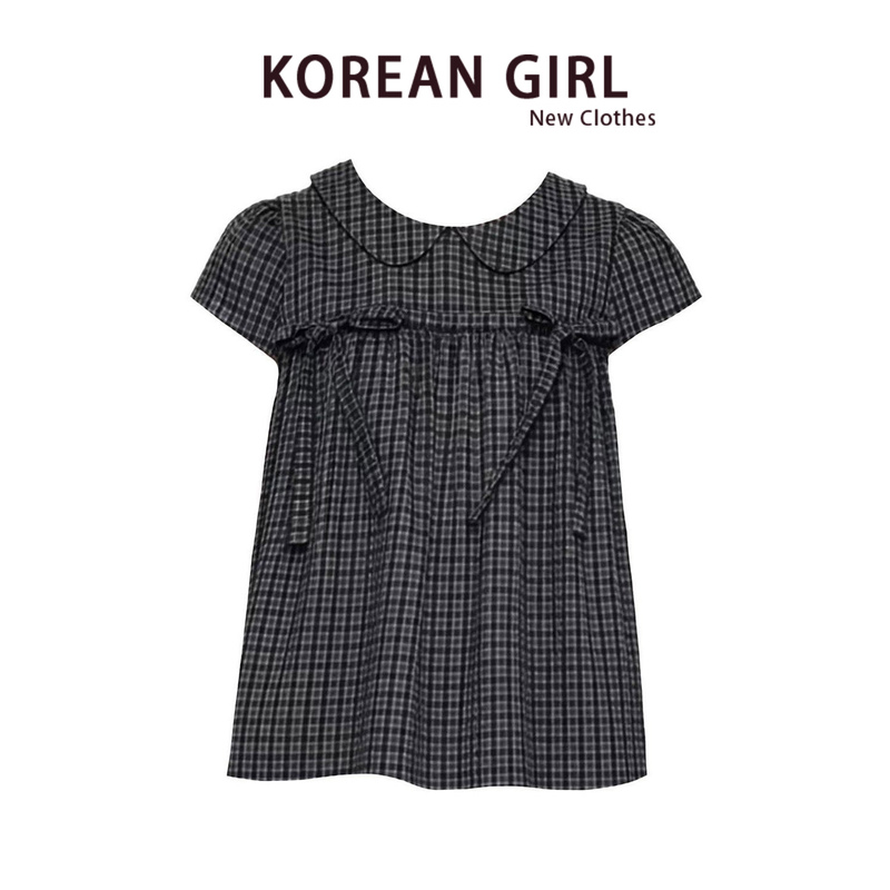 Baby Doll Collar Plaid Tie Short-Sleeved Shirt for Women, New Summer Style, Loose Casual College Style Versatile Baby Doll Shirt T-Shirt