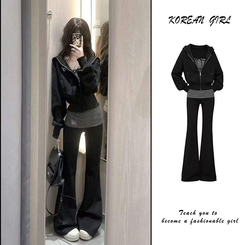 Korean Style Fashion Casual Design Sweatshirt Set for Women Trendy Autumn New Tube Top Striped Flared Pants Three-Piece Set