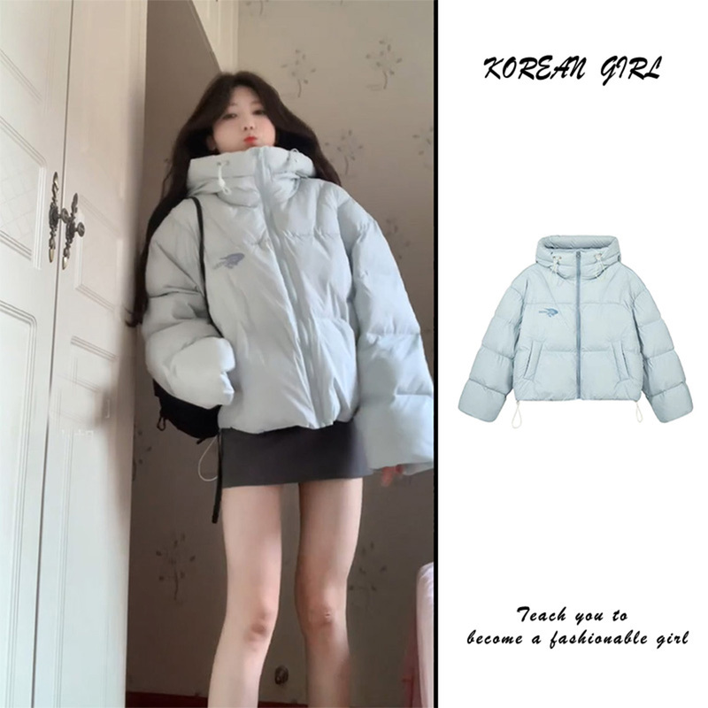 Short Blue down Cotton Jacket for Petite People, 2025 Winter Cotton Coat, Korean Style Hooded Thickened Cotton-Padded Jacket