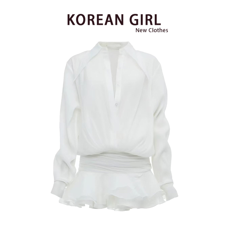 French Ruffled White Shirt Dress for Women 2026 Autumn High-End Romantic Temperament Waist-Cinching Tiered Short Skirt French Ruffled White Shirt Dress for Women 2026 Autumn High-End Romantic Temperament Waist-Cinching Tiered Short Skirt