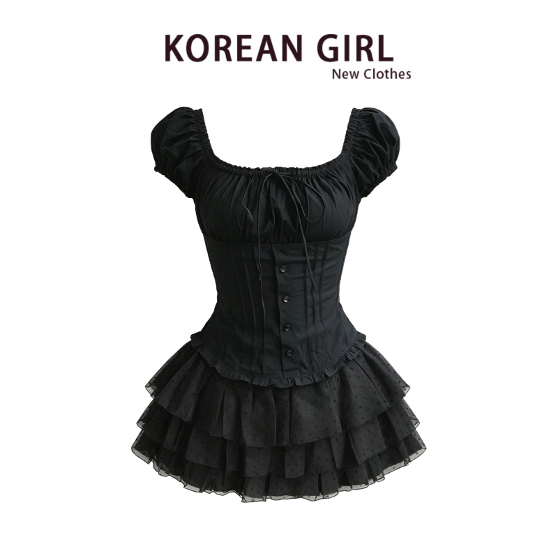 Korean-Style Sweet One-Shoulder Puff-Sleeve Shirt for Women, Stunning Summer Outfit, Black Polka-Dot Tutu Skirt Two-Piece Set Korean-Style Sweet One-Shoulder Puff-Sleeve Shirt for Women, Stunning Summer Outfit, Black Polka-Dot Tutu Skirt Two-Piece Set