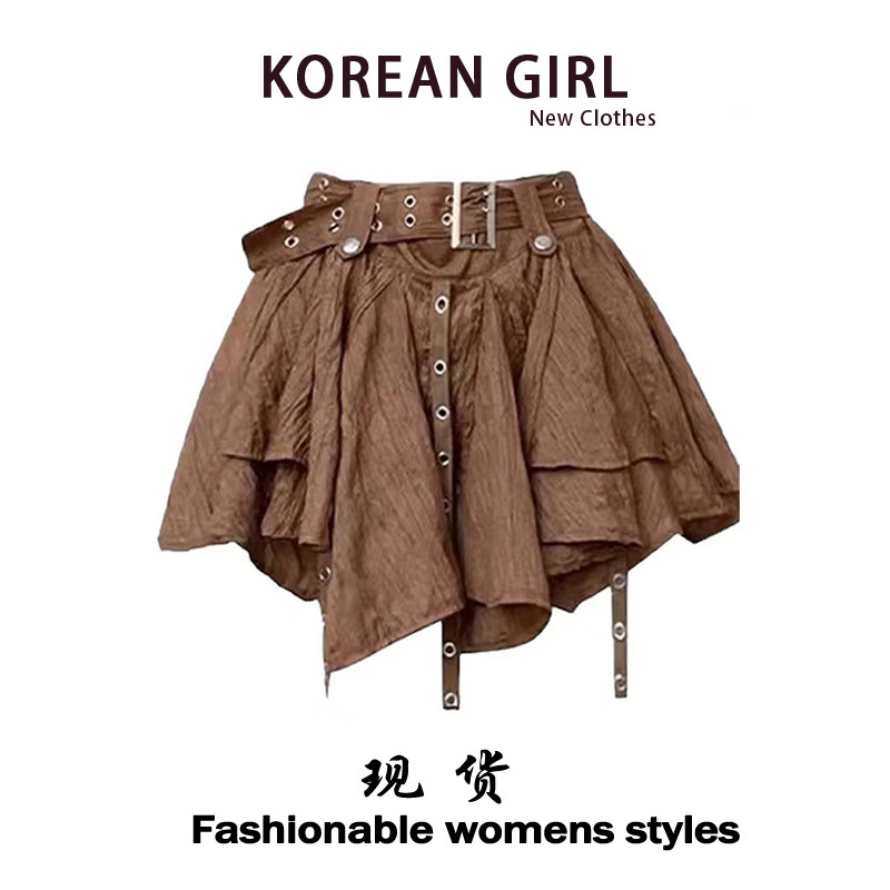 Meilade Wears a Brown Skirt for Women, New Spring Style, Wasteland Style, Retro Western Denim Ribbon Pleated Short Skirt