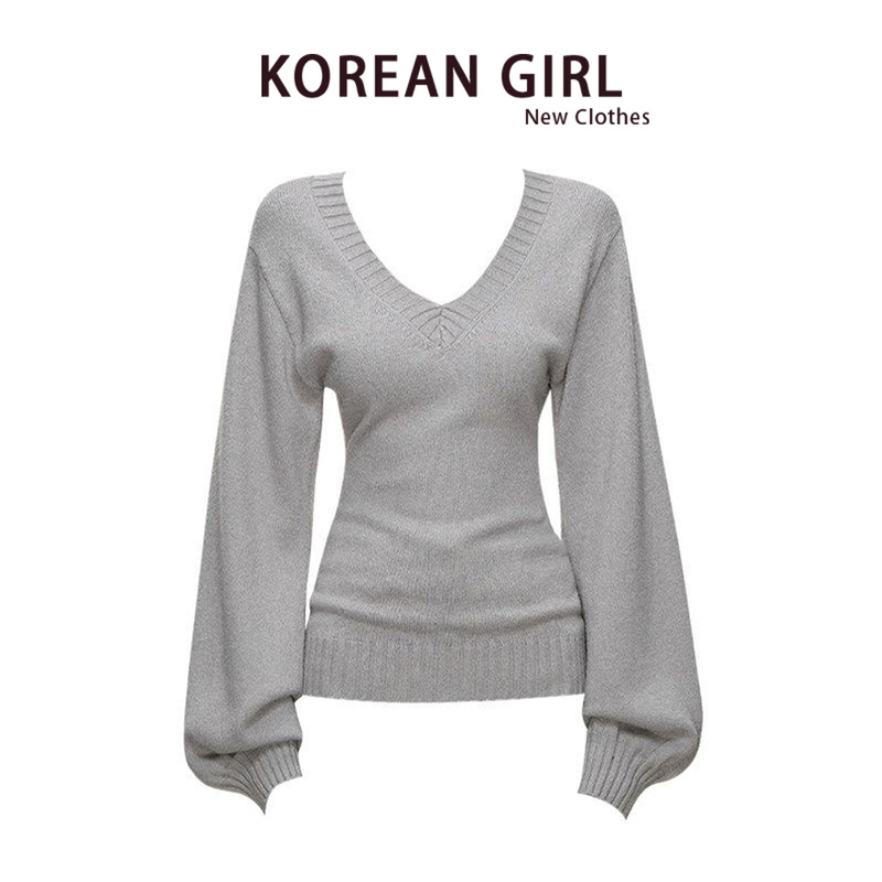 Hot Girl Gray Lantern Sleeve V-Neck Sweater for Women, Autumn and Winter Inner Wear, Can Be Worn Outside, Waist-Cinching, Slimming Long-Sleeve Knit Top Hot Girl Gray Lantern Sleeve V-Neck Sweater for Women, Autumn and Winter Inner Wear, Can Be Worn Outside, Waist-Cinching, Slimming Long-Sleeve Knit Top