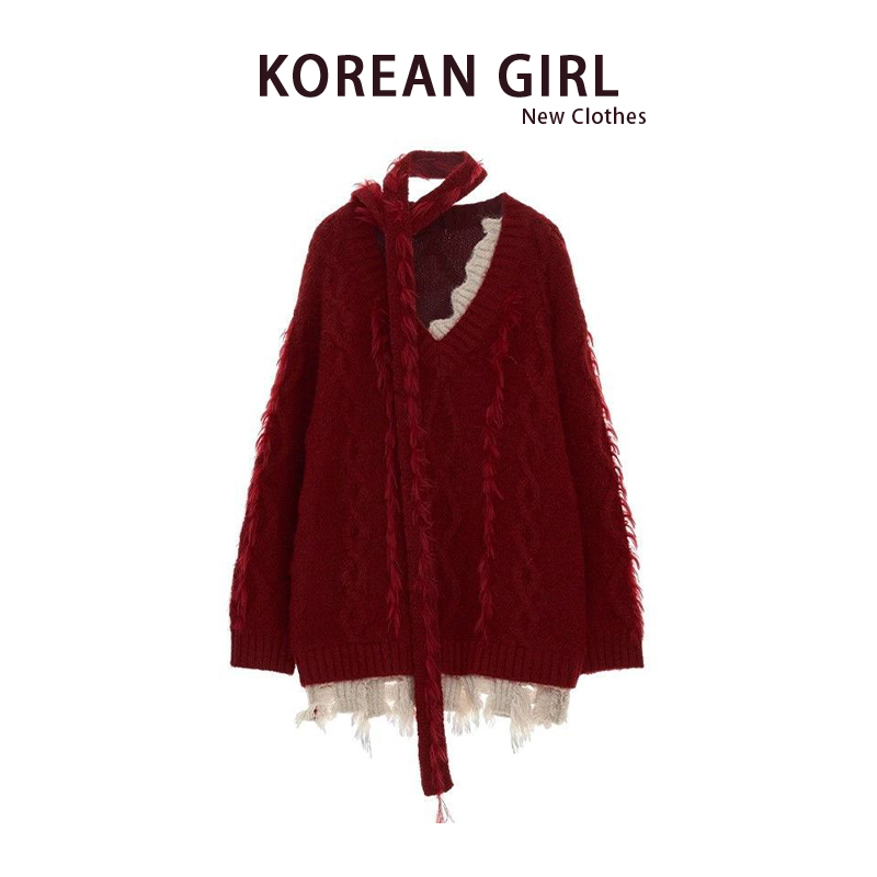Red Scarf Tie Twist Sweater Knitted Top for Women 2026 Autumn and Winter New Style Lazy Loose High-End Knitwear Red Scarf Tie Twist Sweater Knitted Top for Women 2026 Autumn and Winter New Style Lazy Loose High-End Knitwear