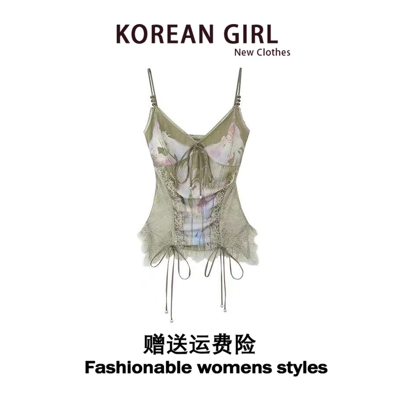 Y2K Hot Girl Green Lace Beaded Camisole Women's Summer New Design Heavy-Duty Slim Fit Tie-Up Top