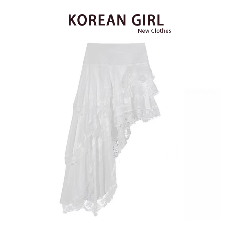 White Asymmetrical Lace Skirt for Women, Summer 2026 New Style, Sweet Design, Elastic Waist, Mid-Length Skirt