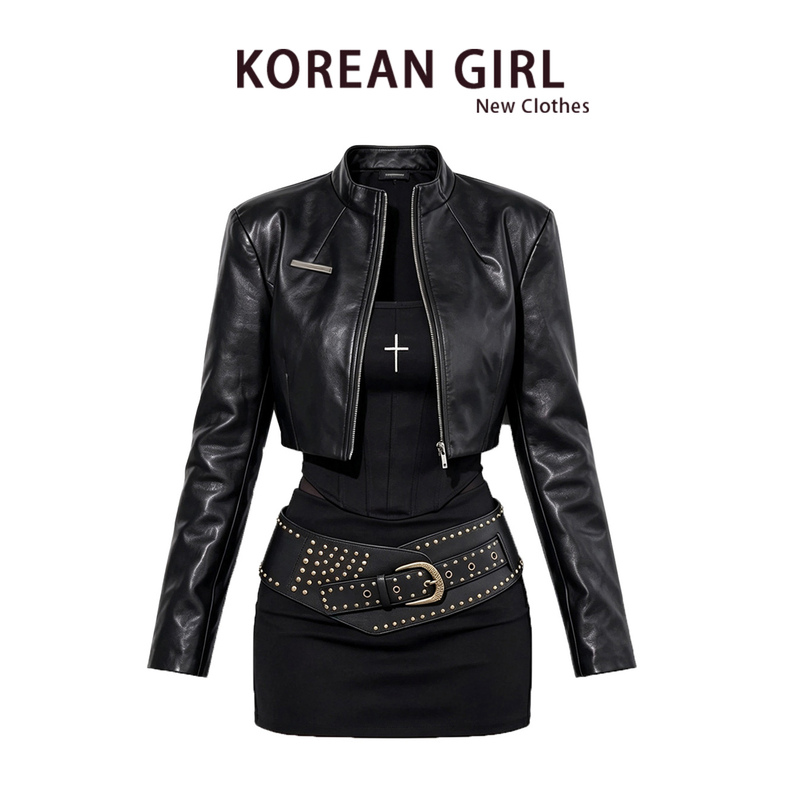 Hot Girl American Biker Style Suit for Women, Autumn Elegant Black Leather Jacket, Sexy Base Dress Two-Piece Set Hot Girl American Biker Style Suit for Women, Autumn Elegant Black Leather Jacket, Sexy Base Dress Two-Piece Set