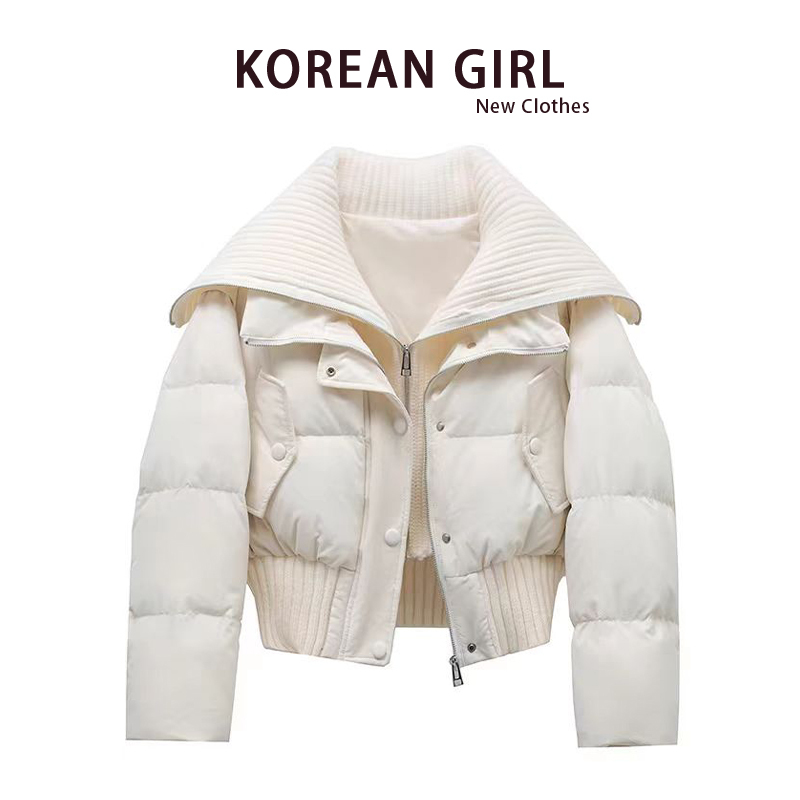 Tweed Style Fake Two-Piece Short down Cotton Jacket for Women, New Winter Style, High-End Knitted Patchwork Lapel Cotton Coat