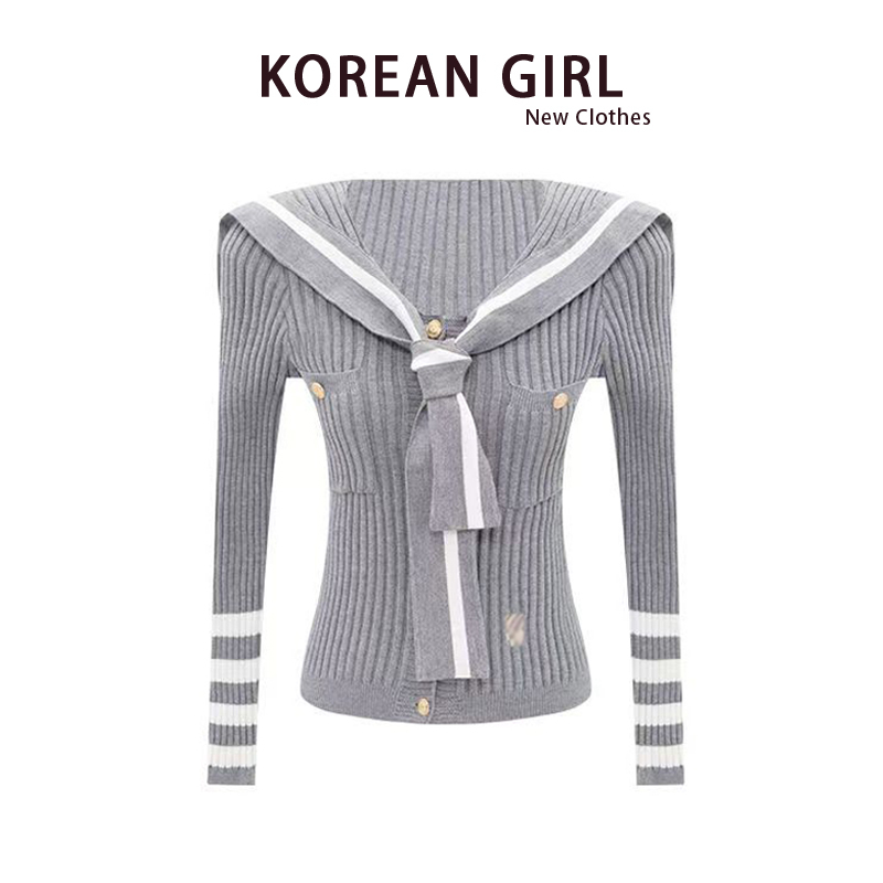 College Style Navy Collar Striped Knit Sweater for Women, Spring Design, Slim Fit, Elegant Sweater, Casual Jacket, Trendy Top