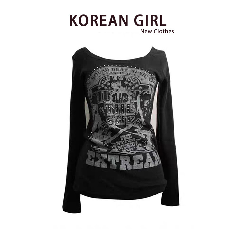 Y2K Spicy Girl Black Round Neck Long-Sleeve T-Shirt for Women, Spring and Autumn, Light Asian Design, Niche Retro Printed Base Shirt