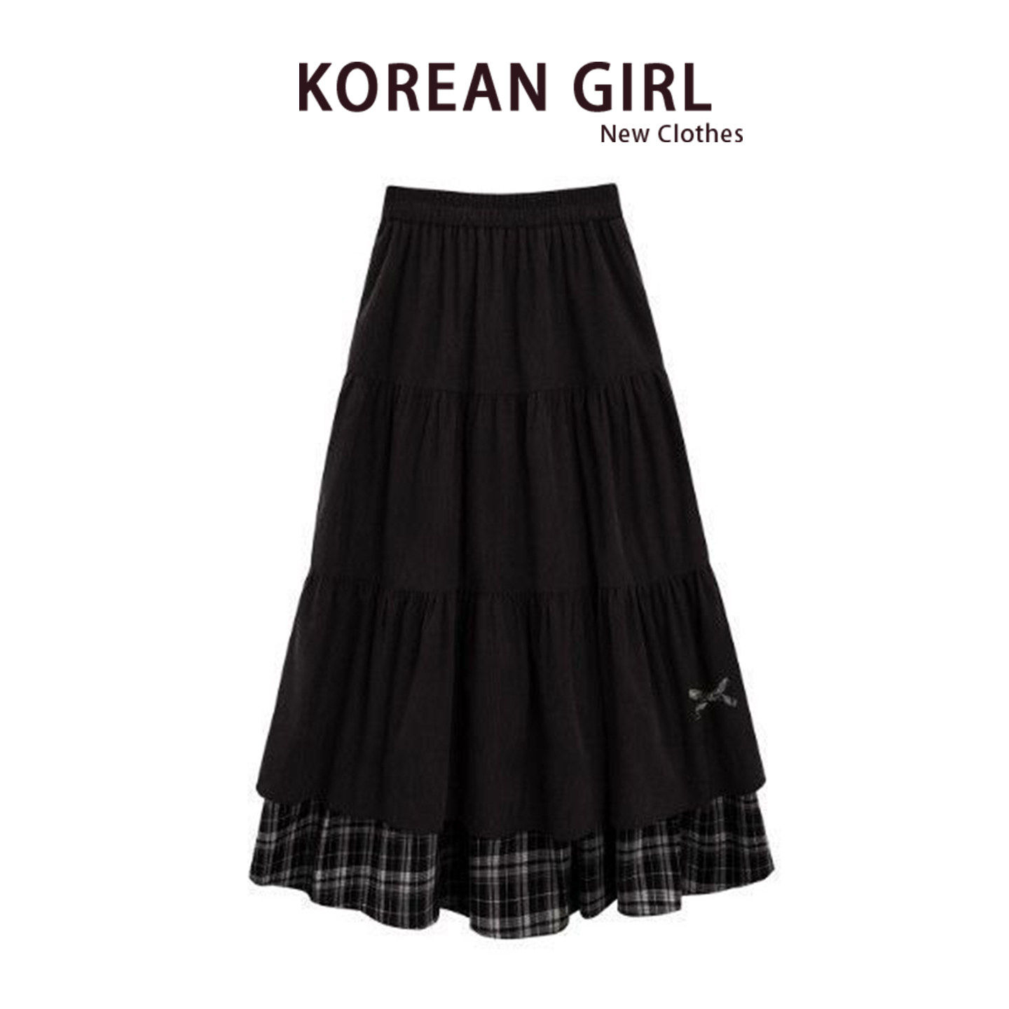 Japanese retro black plaid patchwork midi skirt for women, spring/autumn 2026, high-waisted, slimming, A-line tiered skirt.