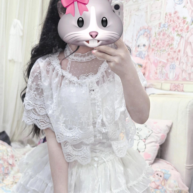 Lolita White Lace Shawl Jacket for Women, Summer Sweet Fake Collar Cardigan, Short-Sleeved Double-Layer Outer Wear Sun Protection Top