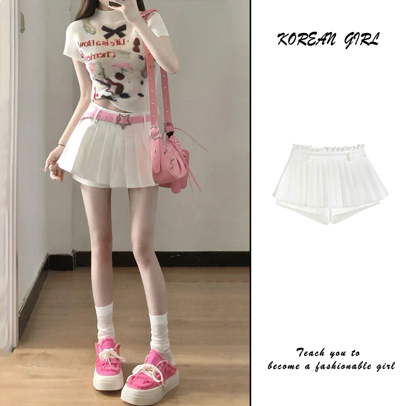 Jk Style White Pleated Skirt for Women, Summer High-Waisted A-Line Skirt for Petite Girls, Anti-Exposure Shorts Skirt