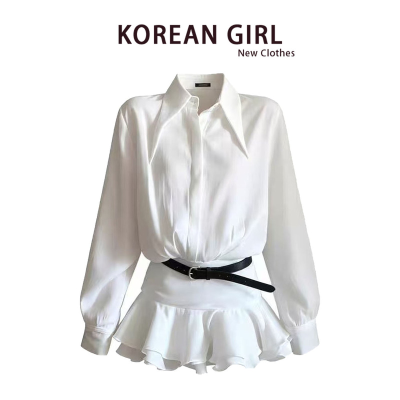 White Shirt Dress for Women, Autumn, Sexy and Romantic, V-Neck, Elegant, Slim-Fitting, Ruffled Short Skirt