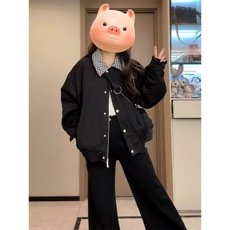 American-Style Plaid Patchwork Jacket for Women, Spring and Autumn, High-End, Petite, Turn-Down Collar, Loose-Fitting Windbreaker, Baseball Jacket