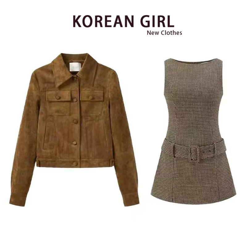 Coffee-Colored Jacket, Plaid Dress, Women's Autumn 2026 New Style, Petite, Super Popular Outfit, Complete Set