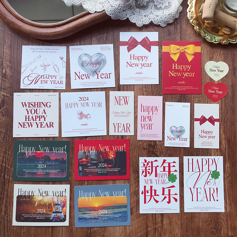 Happy New Year's Day Happy Korean-style English haapynewyear red wine sticker Fresh flower shop blessings for greeting cards-Taobao