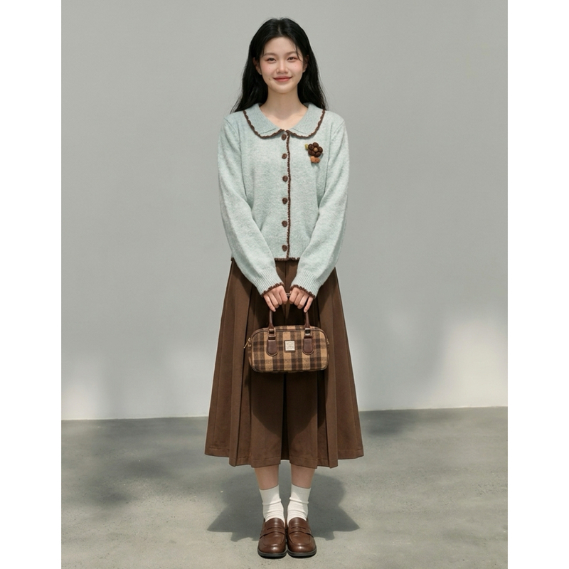 Mooch Duoduo Large Size Women's Clothing Sweet Color-Blocking Doll Collar Cardigan Sweater Loose Lazy Top Wp1409A