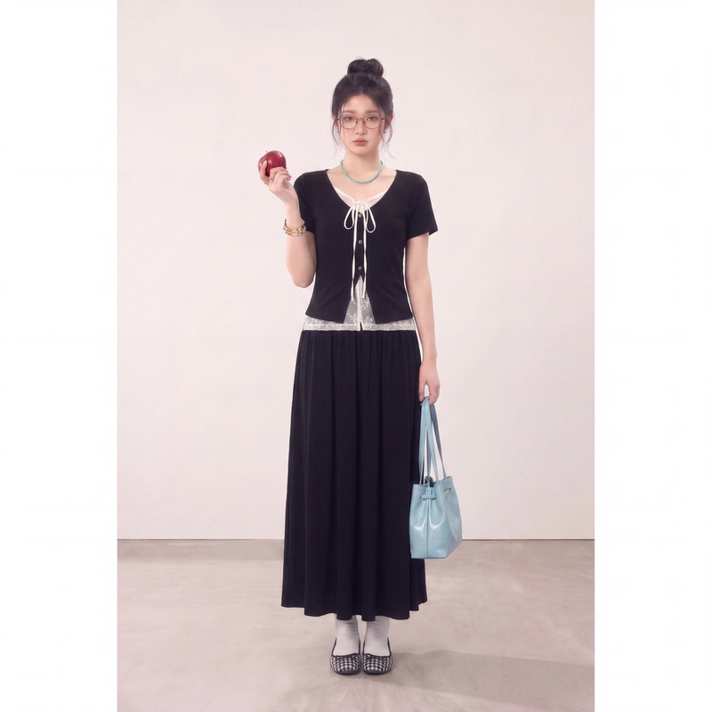 Mooch Duoduojiang Plus-Size Women's Black Suit Summer Fake Two-Piece T-Shirt and Skirt Two-Piece Set Wp1297A