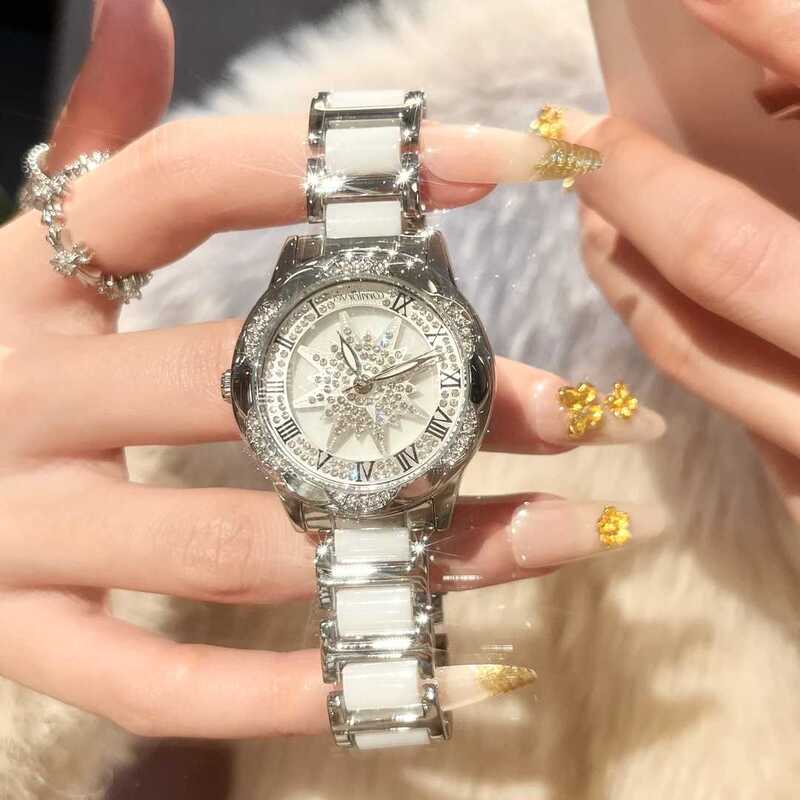 Six-Pointed Star Rotating Dial Watch, Light Luxury Niche Style, Fortune-Turning, Fully Diamond-Encrusted Sunflower Rotating Ceramic High-End Women's Watch