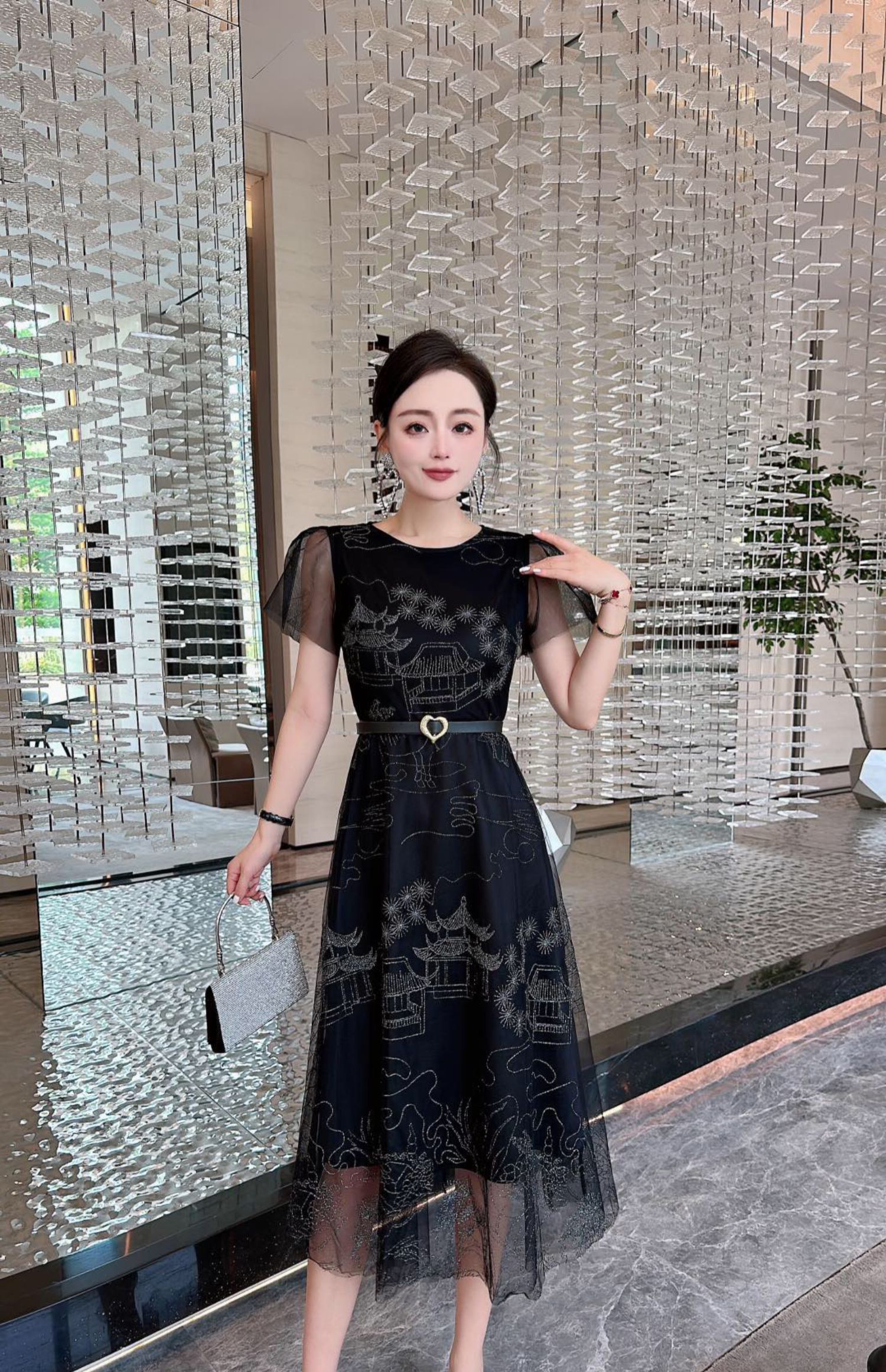 C8777 2580K VÁY ĐẦM XÒE LIỀN THÂN NỮ JIARELA LƯỚI MỎNG MÙA HÈ THÊU HỌA TIẾT HOA THỜI TRANG NỮ G06 SẢN PHẨM MỚI