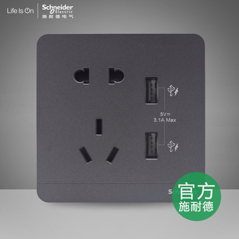 Schneider Yishang dark gray with dual USB five-hole socket 3 1A ipad mobile phone charging socket