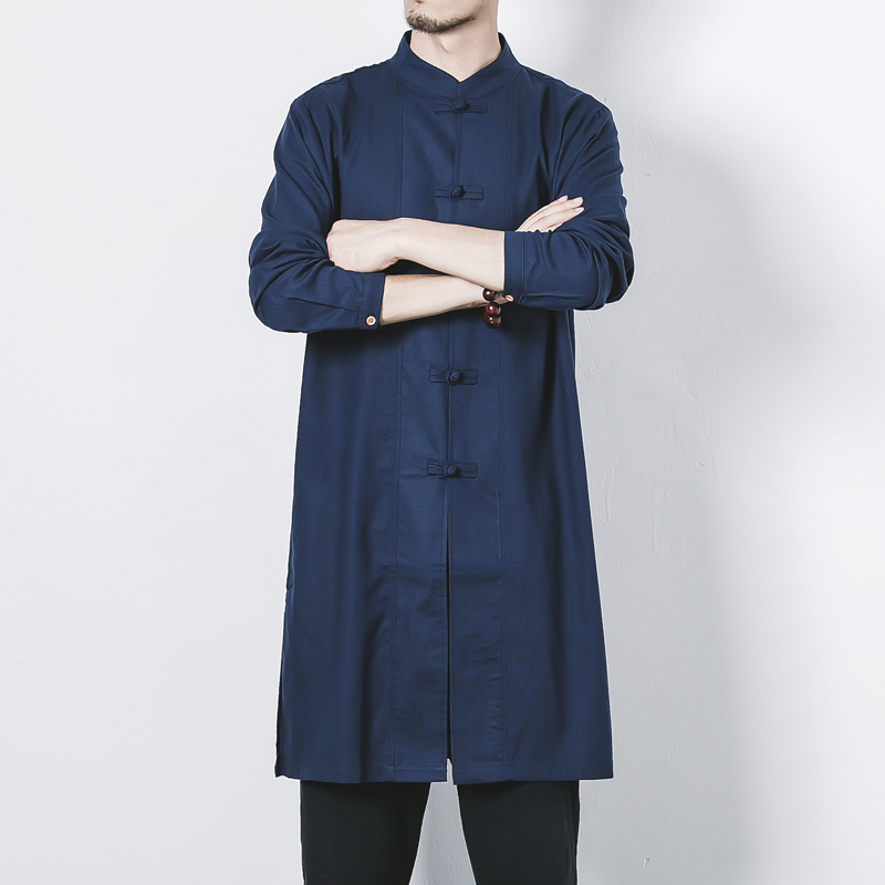 Mid-Length Linen Robe, Chinese Style Men's Cotton and Linen Clothing, Zen Meditation Clothing, Large Size Loose-Fitting Cloak, Outerwear Shirt