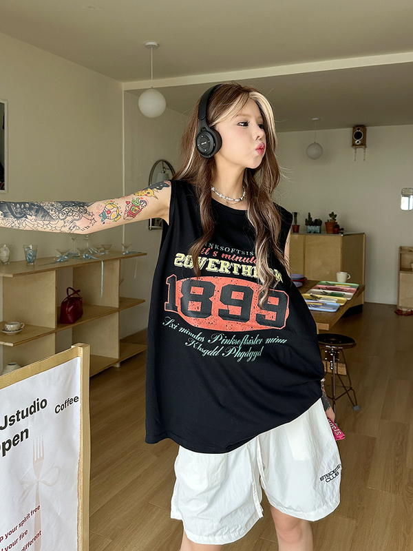 Sixminu American Retro Basketball Vest Women's Sports Casual Trendy T-Shirt Women's Loose Summer Sleeveless Vest Tee