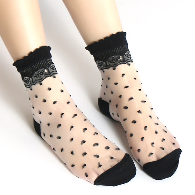 Socks black crystal socks thin polka dot transparent stockings glass stockings lace mid-calf women's socks spring