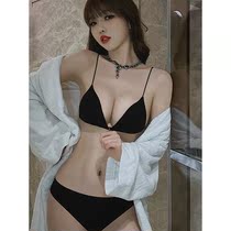 Japanese summer underwear womens no steel ring gathered small bra ultra-thin black sexy sling front buckle bra set