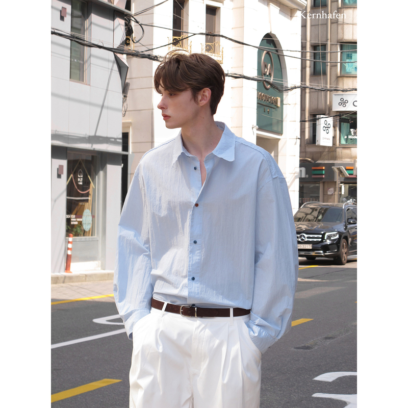 A Casually Put Together Outfit Looks Great. a Crisp, Frayed Button-Up Shirt with a Unique Color-Blocking Design and a Washed Finish |   Kernhafen