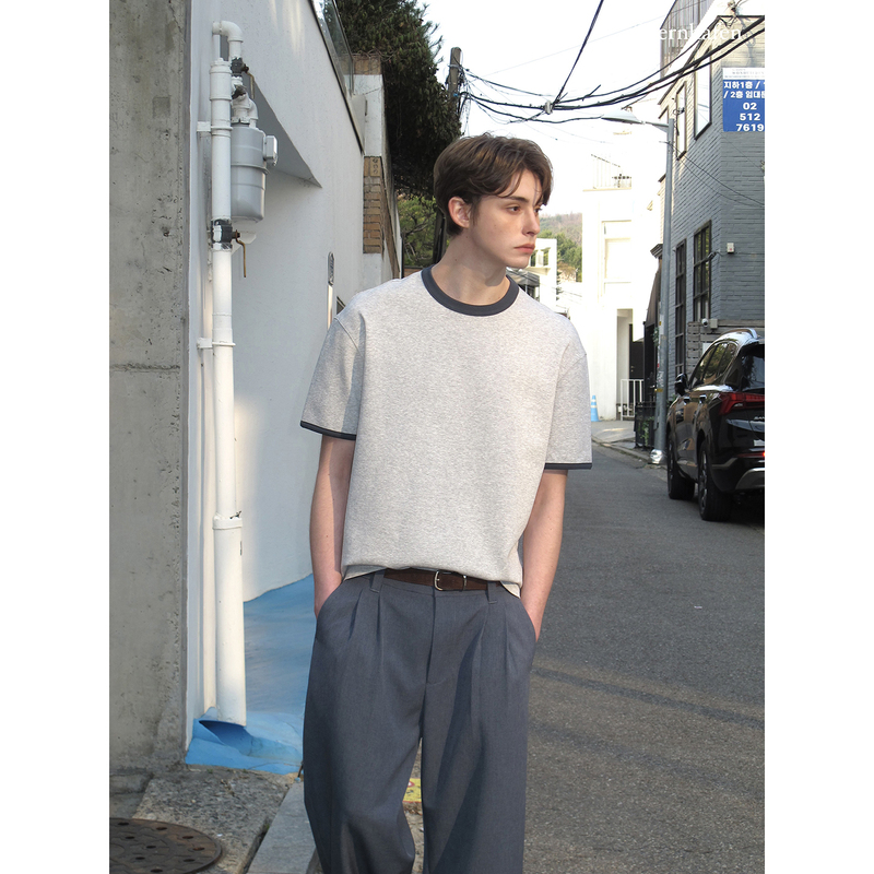 Minimalist Summer Outfit That Doesn'T Require Styling: Color-Blocked Ribbed Slightly Wide Short-Sleeve Men's T-Shirt |   Kernhafen