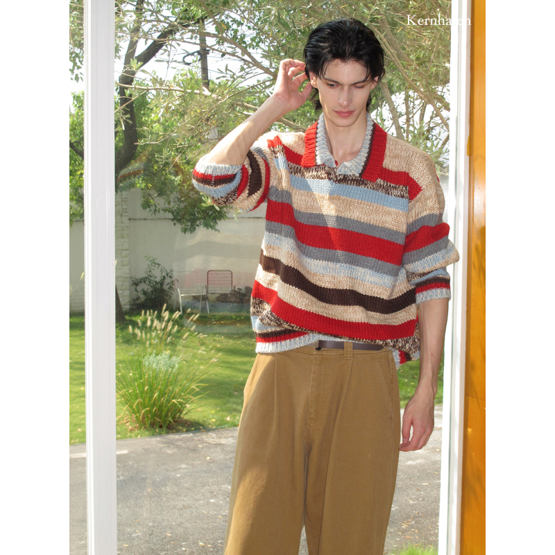 "Super Styling Project" Colorful Striped Lapel Sweater Knitwear |   Kernhafen