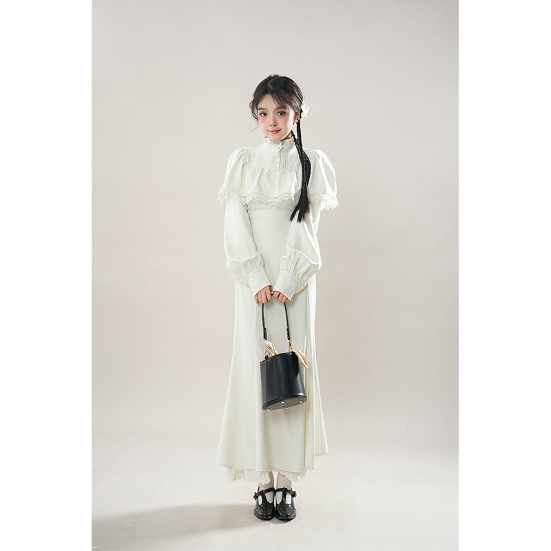 Cocoa Forest Original Gothic Style Design, Sweet and Cool Niche Milky White Cape Waist-Cinching Fishtail Dress for Women