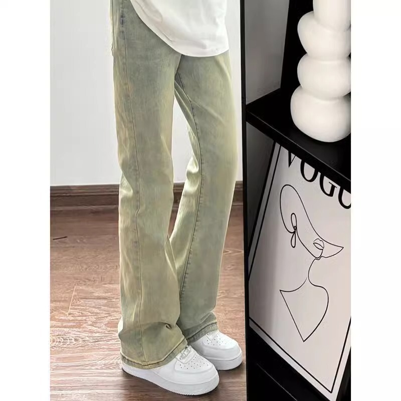 American High Street Yellow Mud-Colored Curved Jeans for Men, New Spring and Autumn Style, European and American Cool Vibe Straight-Leg Flared Long Pants