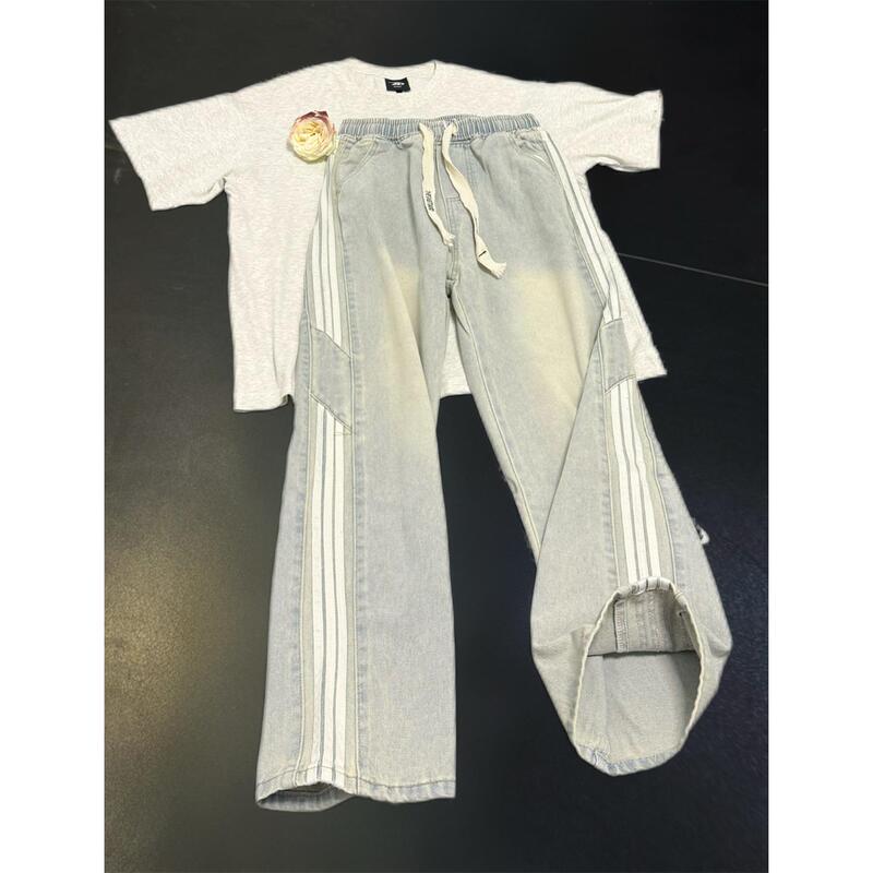 Light Blue Striped Ice Silk Jeans for Men, Summer Thin American High Street Bootcut Pants, Three-Stripe Straight Pants Light Blue Striped Ice Silk Jeans for Men, Summer Thin American High Street Bootcut Pants, Three-Stripe Straight Pants